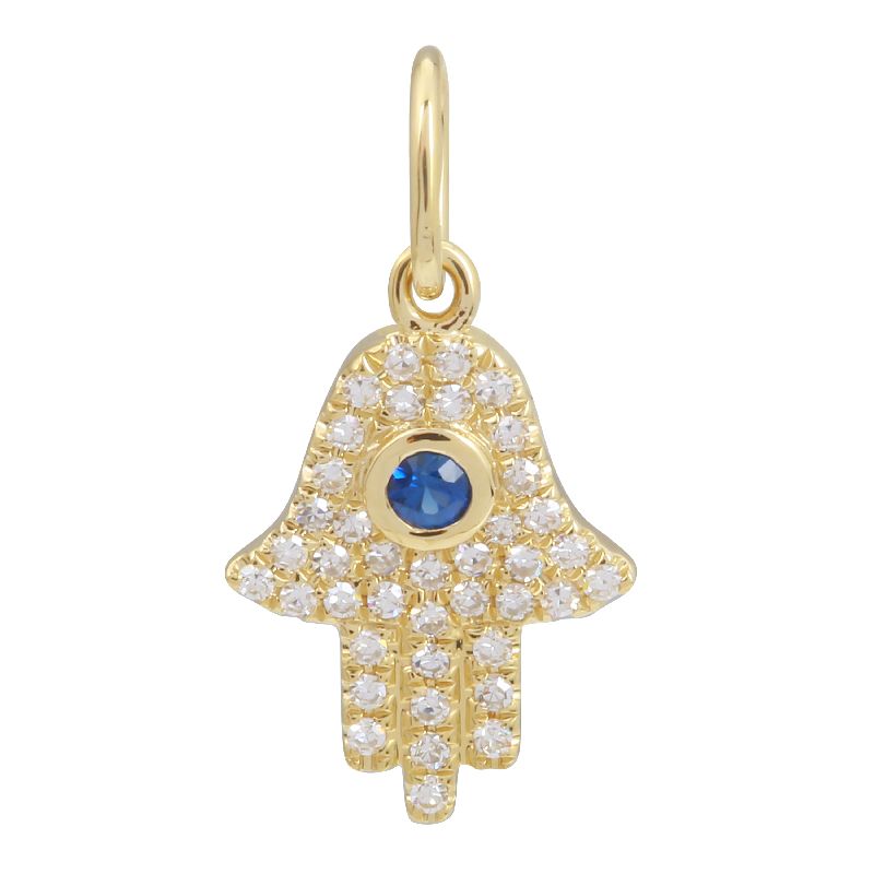 Diamond Hamsa Necklace Charm with Sapphire Charm - Euro Time & Jewels